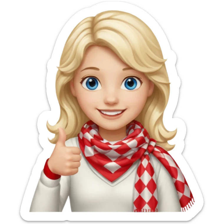 Blonde Girl, Blue Eyes, wavy hair, smiling, thumbs up, wearing red Checkered Triangle scarf, white dress sticker