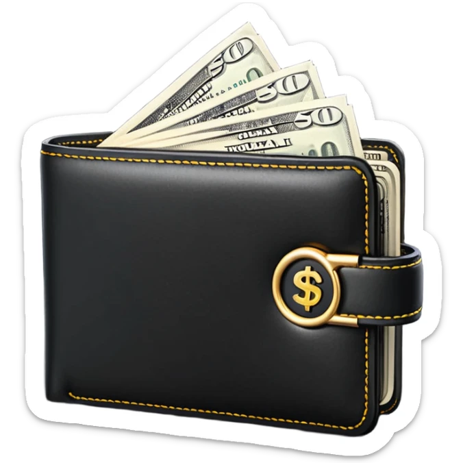 Rich emoji style black leather wallet with dollar bills, luxury money vibe, premium 3D emoji, ultra clean, high detail, no background
 sticker