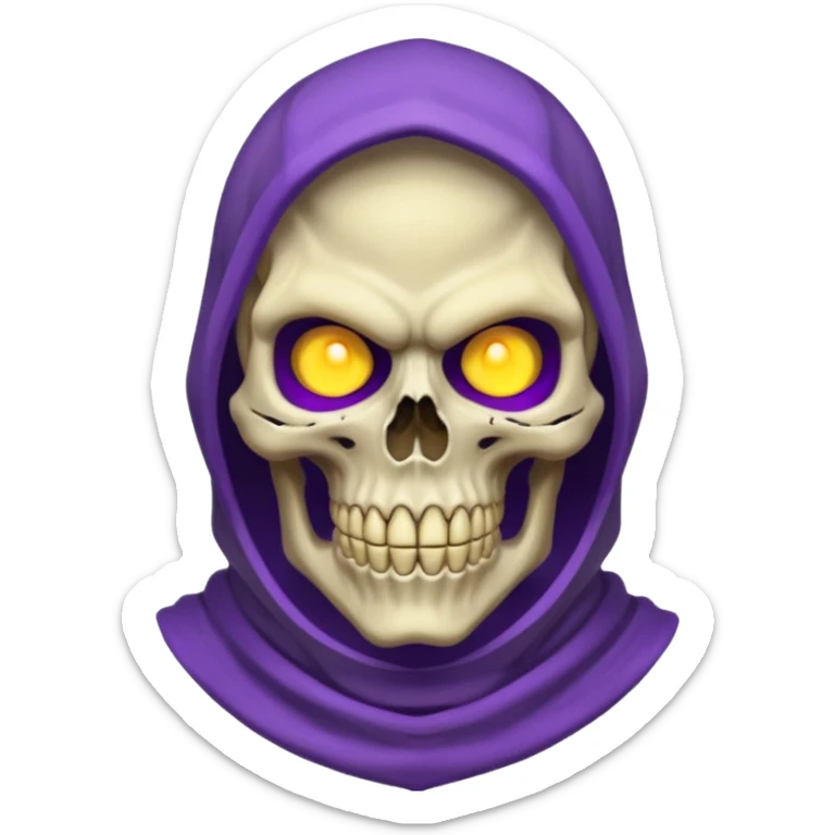 Skeletor, close-up of skull face, glowing yellow eyes, purple cowl sticker
