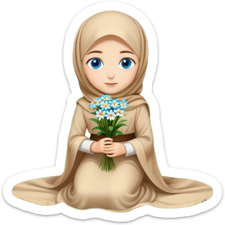 Turkish beautiful finish Konya girl blue eyes with beige flower hijab long tail dress and sits on the grass on the ground and hold beige flower on hand  sticker