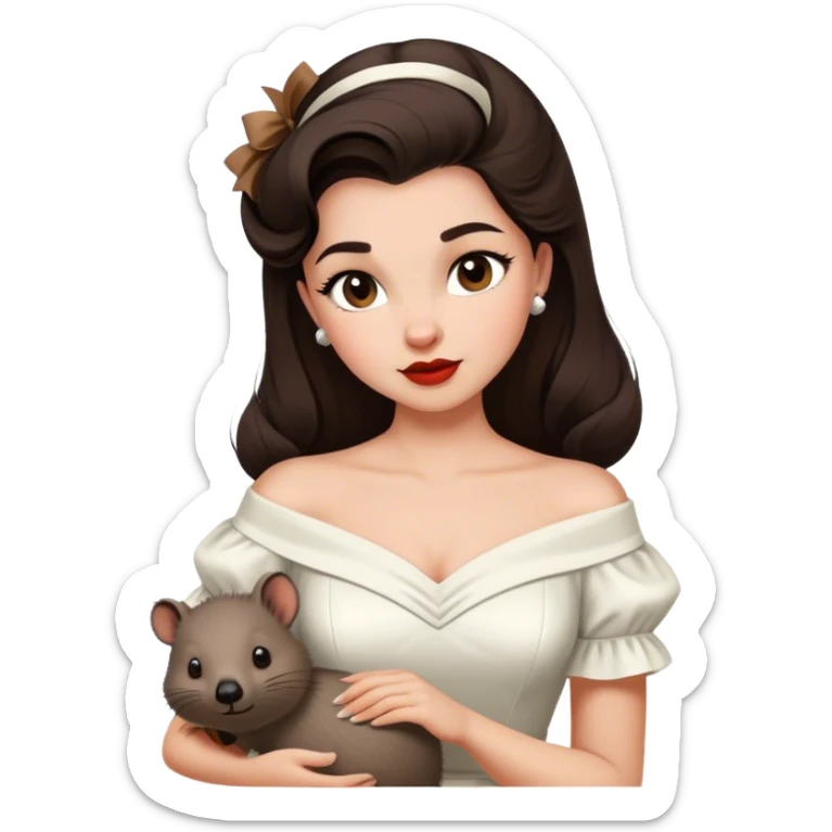 Beautiful woman in 1950’s woman fashion look, off-shoulder white dress, long dark brown hair, wombat sticker