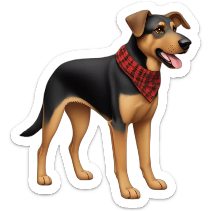 75% Coonhound 25% German Shepherd mix dog wearing small pointed red buffalo plaid bandana pointing down side view full body facing left sticker