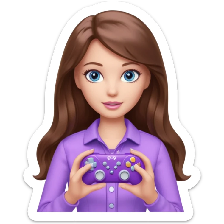 beautiful barbie girl with long brown hair, blue eyes and wearing light purple clothes playing computer games sticker
