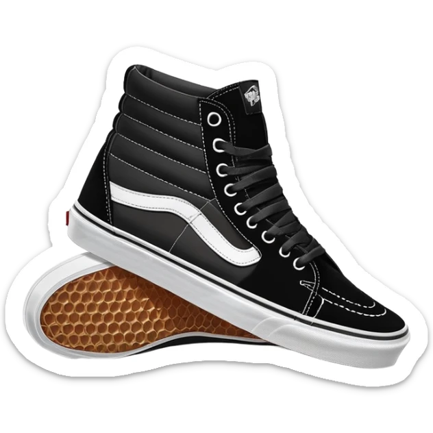 Pair of black Vans Sk8-Hi high top sneakers with white stripe, one positioned behind the other, showing the signature side stripe, black canvas and suede sticker