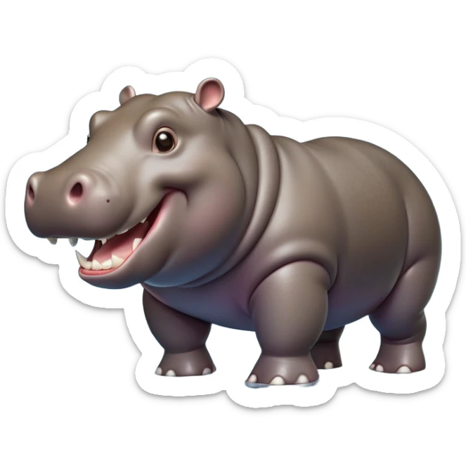cinematic-hippo-realistic-full-body side view-standing on all fours-emoji,-massive-round-frame,-wide-mouthed-grin-exposing-huge-teeth,-head-tilted-dramatically,-thick-greyish-brown-hide-glossy-from-water,-simplified-yet-realistic-focused-features,-highly-detailed,-glowing-with-an-almost-sarcastic-glow showing only 4 theeth sticker