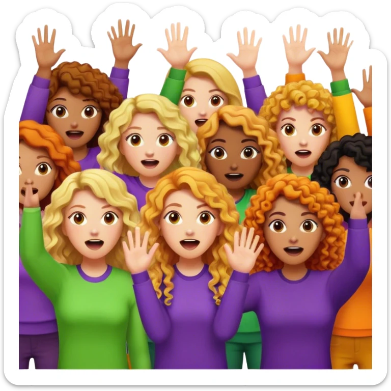 Ladys with blonde curly long hair, black curly long hair and hinge curly long hair with purple, green, orange and yellow clothes putting their hands up and shouting  sticker