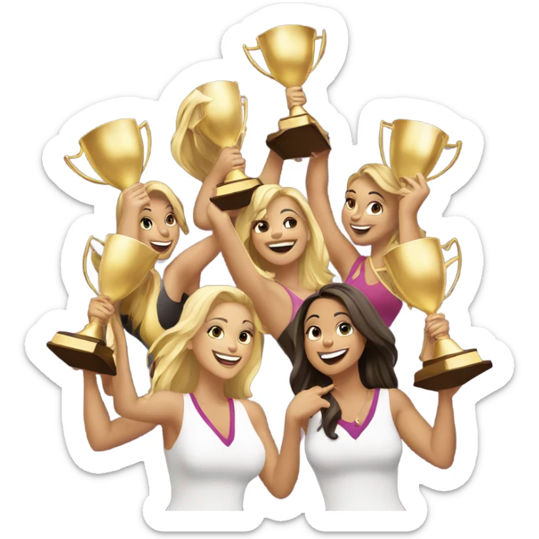 Seven beautiful blonde and Latina women celebrating with 1 huge gold trophy sticker