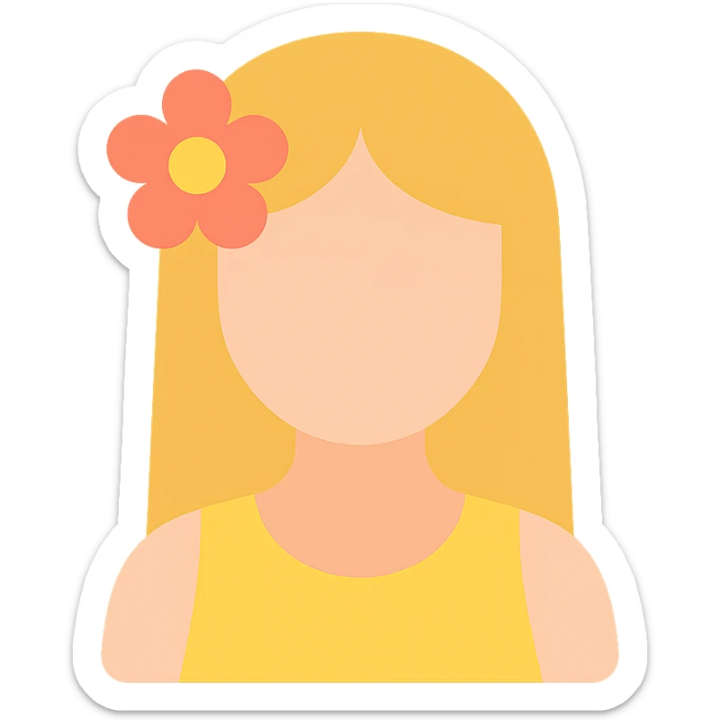 girl with straight hair, flower in her hair, summer vibe colored icon sticker