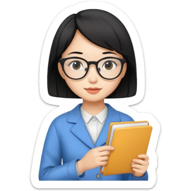 A young female guide with fair skin and short black hair from Asia, holding her guide in one hand sticker