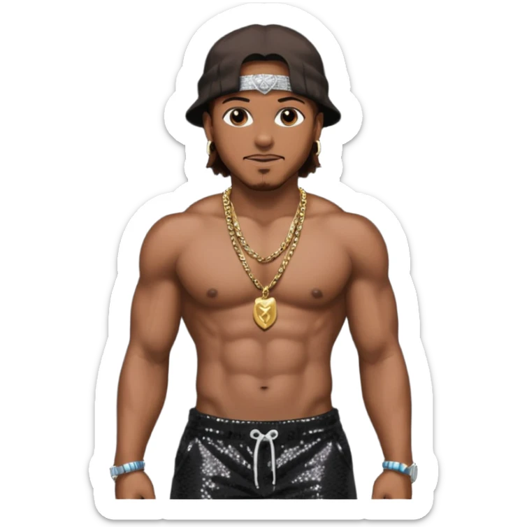 Mystikal, Rapper with dark brown hair, black sequin baggy pants, shirtless with necklace sticker