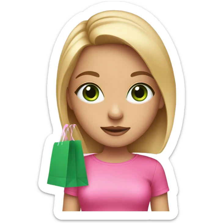 cute dark blonde with green eyes wearing pink surrounded by pink shopping bags sticker