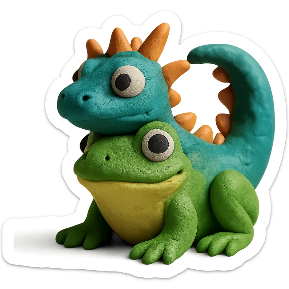 claymation style of a dragon and frog fused together, cute and detailed sticker
