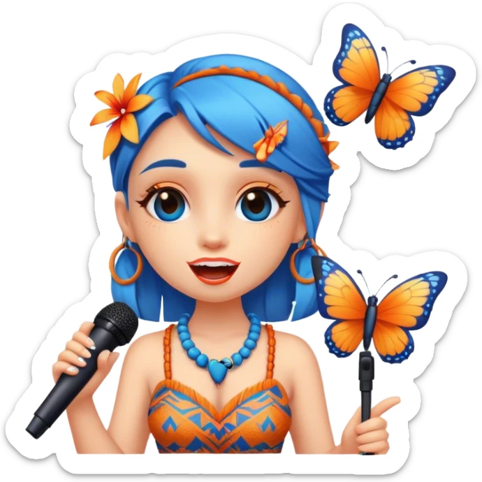 Cartoon Blue and orange girli tiki singing with butterfly and in the mikrophone sticker