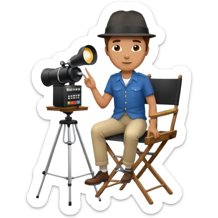 male film director with a director's hat, seated on a director's chair sticker