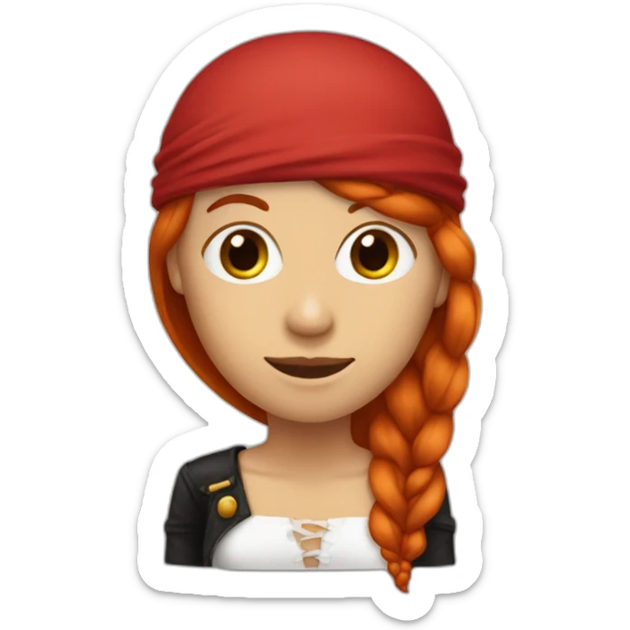 Woman long red hair. Her hair is one long single platt on one side. On Short hair on the other side, pirate hat, skull and crossbones t shirt sticker