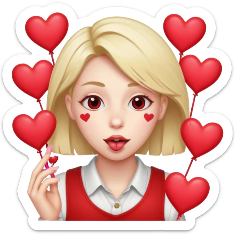 A cross eyed unisex with their tongue out far with Valentine’s Day decor/hearts around sticker