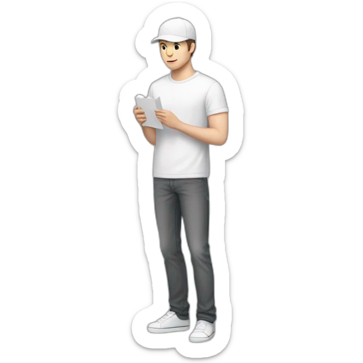 Pale skinned fit Man with dark brown hair in a light gray cap, dark brown jeans, brown polo and white T-shirt keeping a pasted with tape white box into his hands sticker