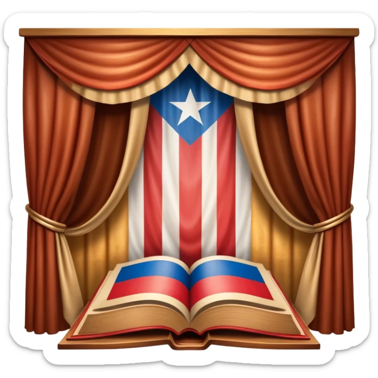 Timeless book with Puerto Rican flag colors flowing across cover like theater curtains, wooden stage elements carved into leather, golden light emerging from within, representing eternal theatrical legacy sticker