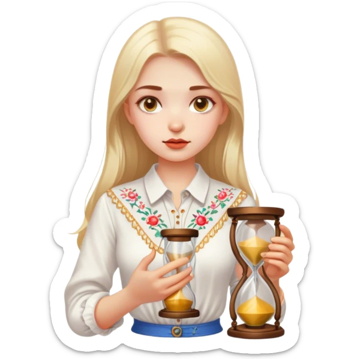 A Ukrainian girl in a white embroidered shirt holds an hourglass in her hands sticker