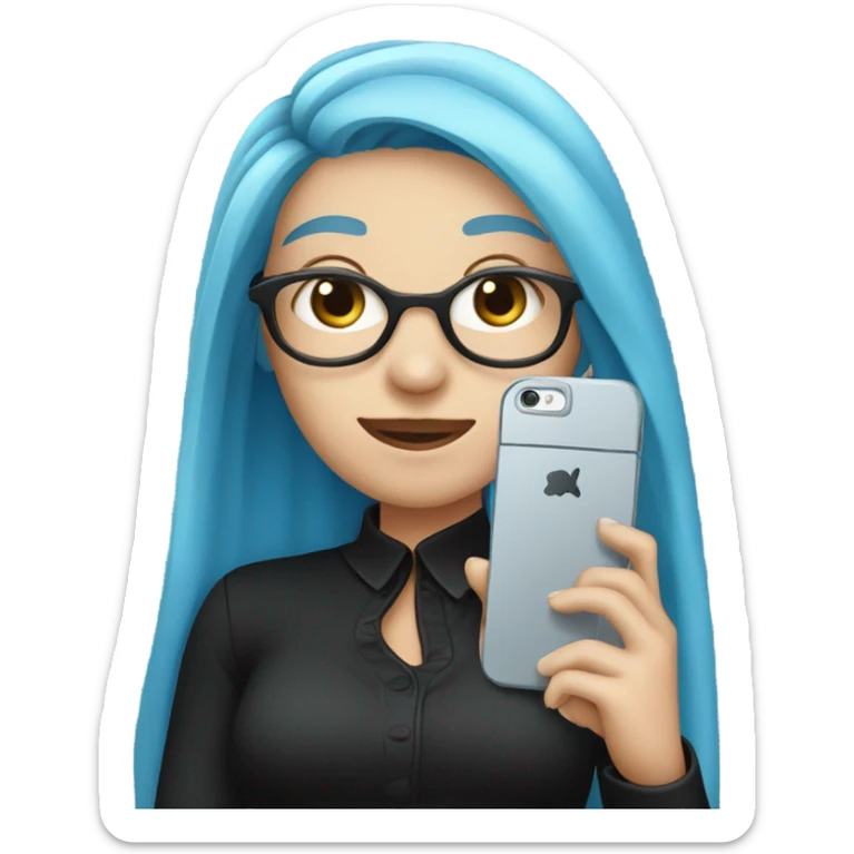 white skin girl with long blue hair in black clothes holding a phone sticker