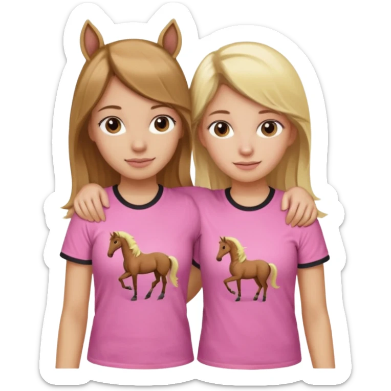 Two Girls with their arms around each other at summer camp one blonde one brown hair brown hair wearing pink horse shirt sticker