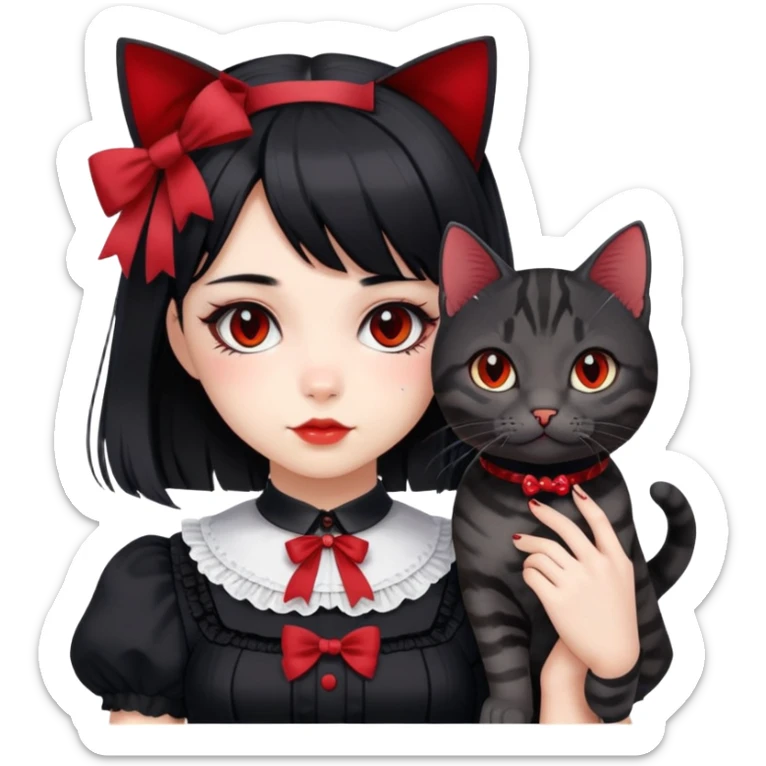 girl wearing black Lolita style dress, with medium-length black hair with red tips, and a black American Shorthair tabby cat sticker