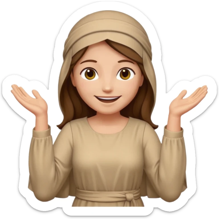 fullbody, head-to-toe, Lazarus's sister, Jesus's friend, with brown hair, beige dress, and a head covering, normal emoji style, arms open sticker