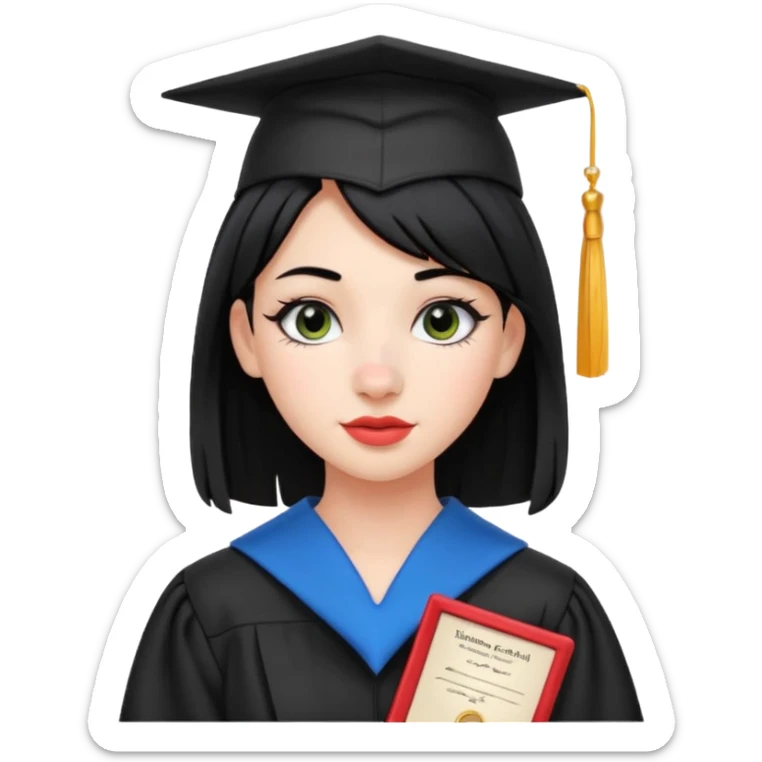 teenage girl emoji with black hair, bold makeup, nose piercing, wired earpods, holding a diploma, just graduated high school sticker