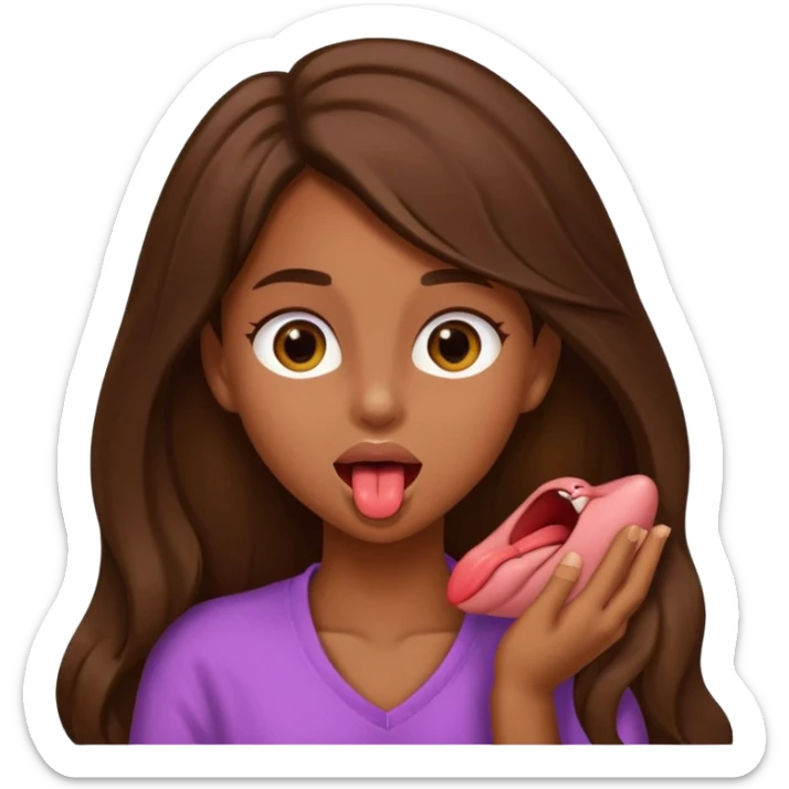 a girl with brown long hair and brown eyes holding her neck with her tongue out sticker