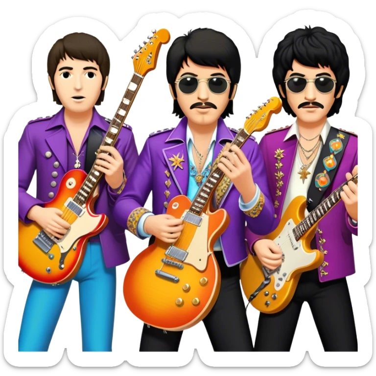 Rock music icon: collage of legendary rock stars—The Beatles, Jimi Hendrix, Elvis Presley, Queen, Nirvana, Led Zeppelin. Electric guitars, amplifiers, and microphones surrounded by vibrant stage lights and musical notes. Transparent background. sticker