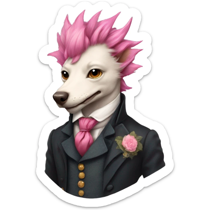dragon with dog head in a 18 century british style suit and pink punk hair  sticker