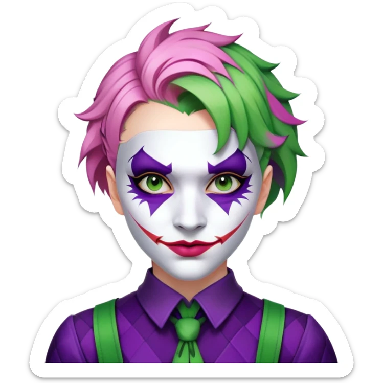 a young woman with pale skin, short multicolored hair (pink, purple, and green), and wearing the Joker’s face as a mask. She wears a mismatched, patchwork costume with purple, green, and black accents  sticker