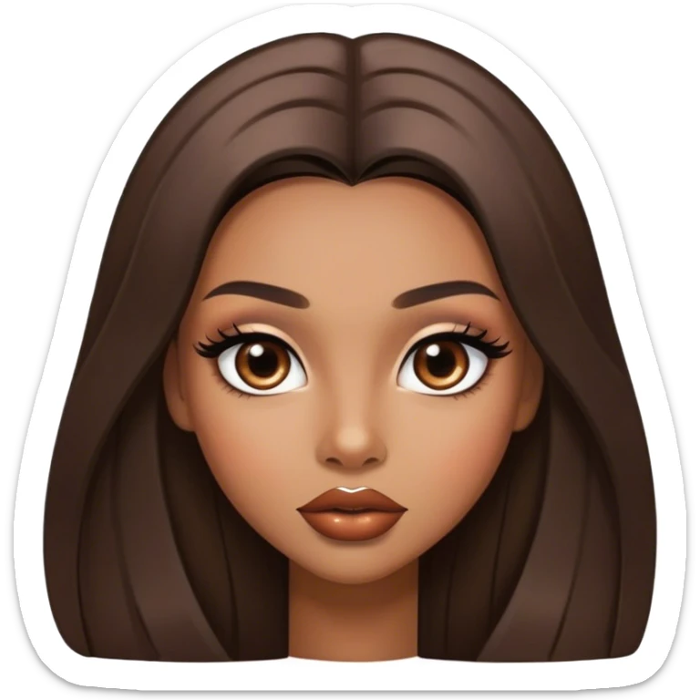 Glamourous, light brown skin tone, very beautiful girl, with big plump shiny lips, long long lashes, black straight smooth silky long hair, straight parting hair, brown eyes sticker