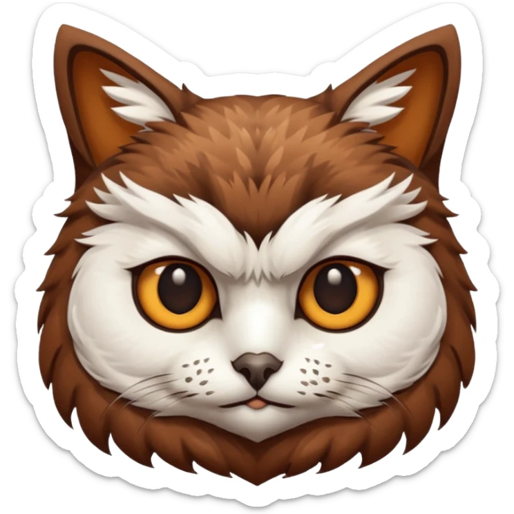 An cats head with a brown on top of the head of the cat the cats head infused with an white owls body with brown wings sticker