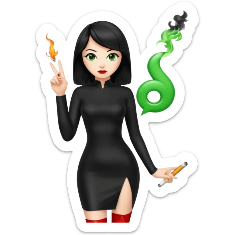 🕵🏻‍♀️💦🧥 black hair , green eyes , full body , red high heels , black latex dress , 🖕🏻🚬 sticker