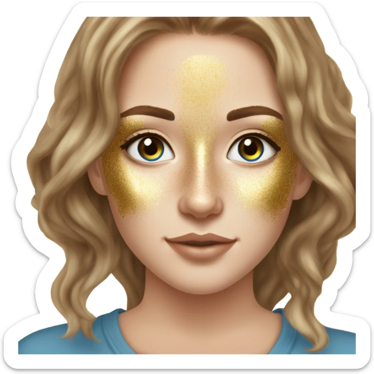 White girl with freackles and Brown hair, and blue eyes using Gold gel mask under her eyes sticker