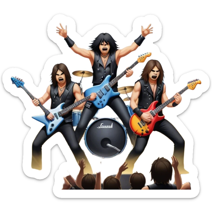 Icon for Heavy Metal Music: 4 men band on stage with electric guitars, drums and intense lighting. 4 Musicians headbanging, surrounded by energy and stage effects, capturing the power and intensity of a metal concert. Transparent background. sticker