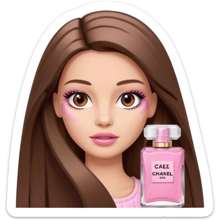 Barbie girl a brown long Straight hair and brown eyes is In pale pink smears by hand cosmetic cream Chanel on her face sticker