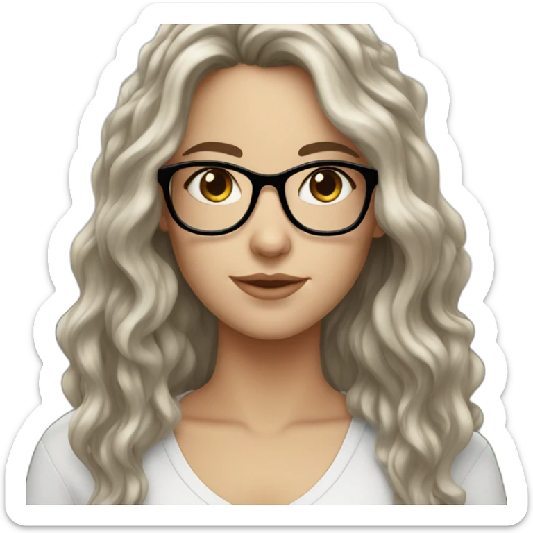 White Girl with wavy dark brown long hair, brown eyes and glasses sticker