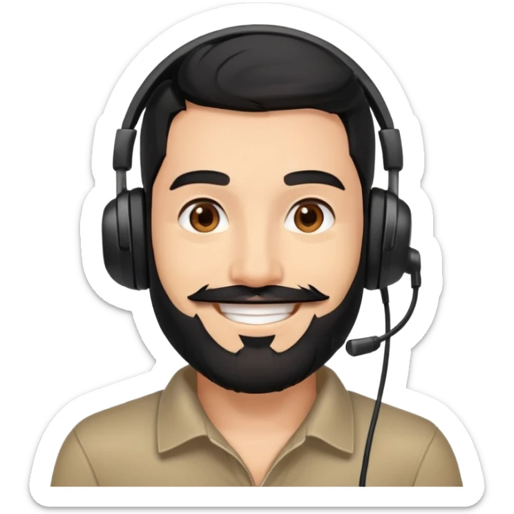 Happy smiling man with black hair, brown eyes, black beard wearing a gaming headset sticker