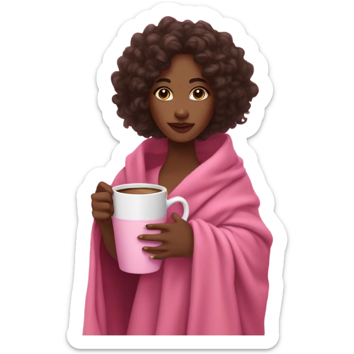 A black woman with dark brown eye and long curly hair  with a pink blanket wrapped over her shoulders, holding a pink mug of coffee sticker