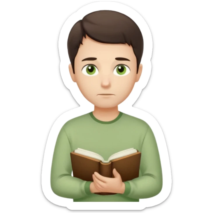 Thoughtful gentle man, fair skin, short dark brown hair, calm green eyes, simple light green shirt, waist-up front-facing, holding a closed book, serene expression, minimal background, soft lighting. sticker
