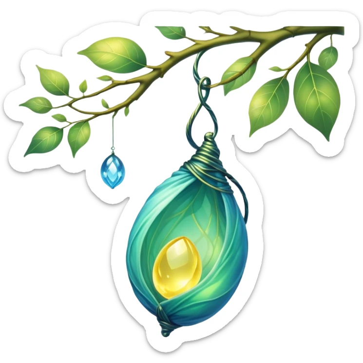 magical organic cocoon suspended from a branch, green-blue cocoon lit up, swirling yellow magic, ethereal and mystical, symbol shape, gentle green-blue hues sticker