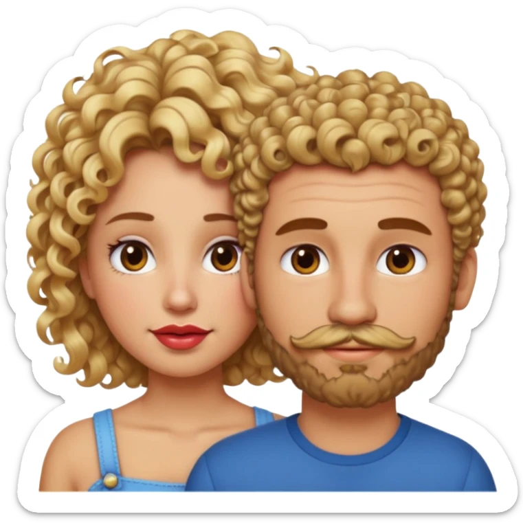 sarı saçlı kıvırcık kahverengi gözlü güzel dudaklı kızla kıvıcık kısa saçlı kahverengi çenesinde sakal ve bıyık olan kısık gözlü erkek aşk emojisiyap sticker