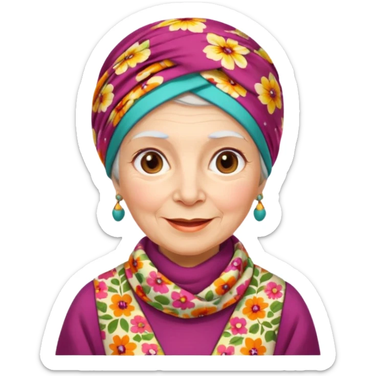 A kind old Russian village grandmother emoji — elderly woman wearing a bright floral headscarf tied under her chin, colorful patterned dress, warm smile, simple rural look. Flat minimal emoji style, clean Apple-like design. sticker