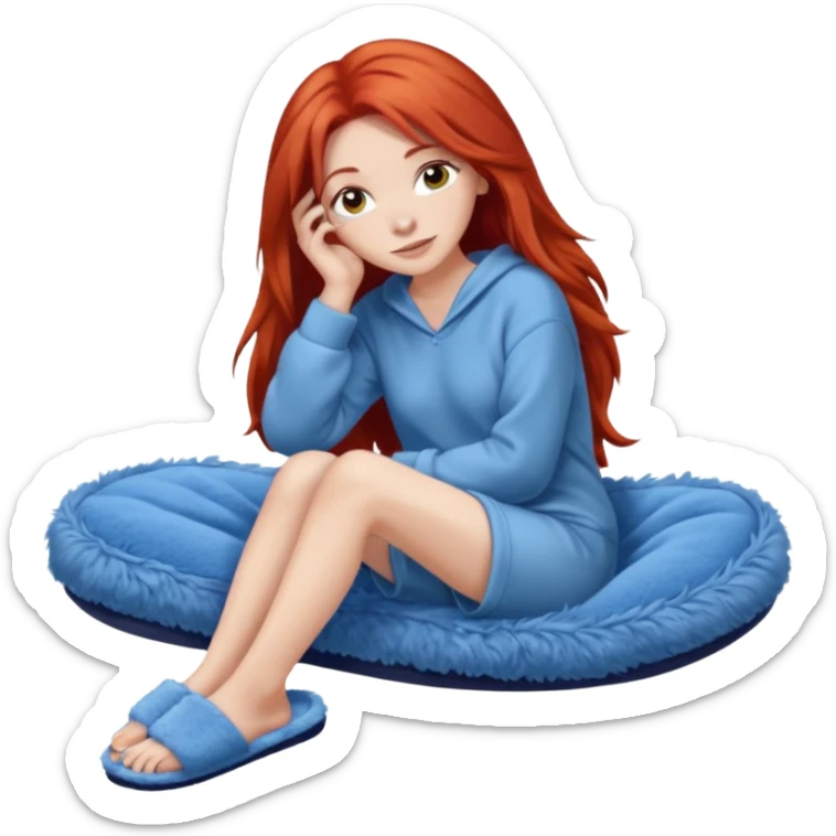 young woman with long red hear wearing comfy lounging outfit, wearing blue fuzzy slippers sticker