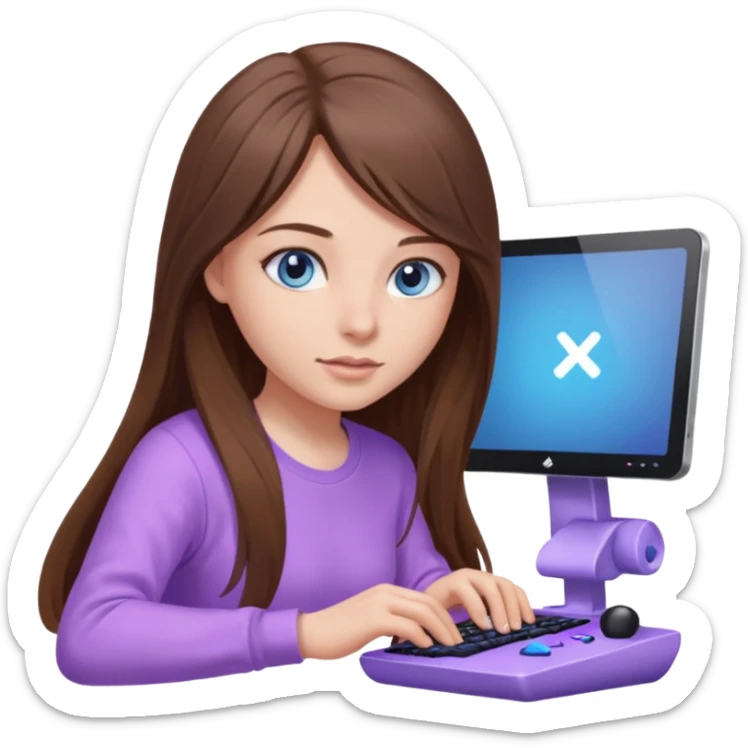 beautiful girl with long brown hair, blue eyes and wearing light purple clothes playing pc games sticker