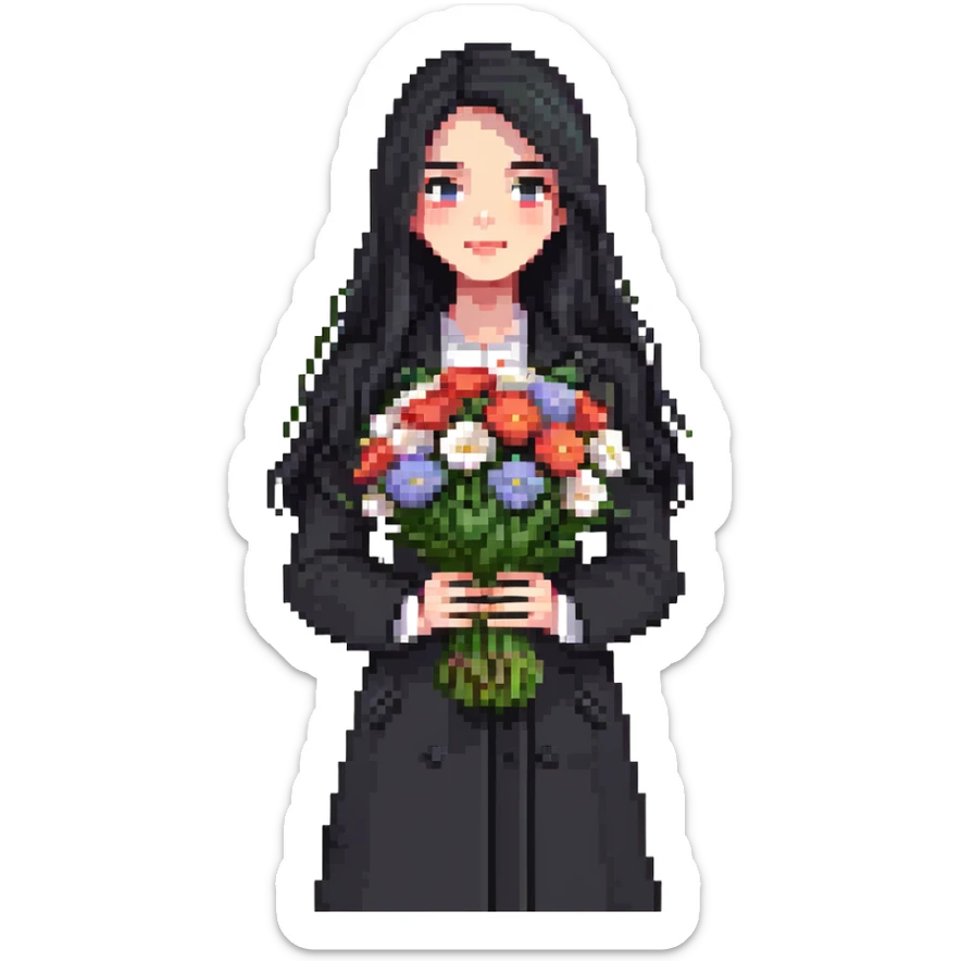 beautiful girl with long black hair wearing a black coat holding a bouquet of flowers sticker