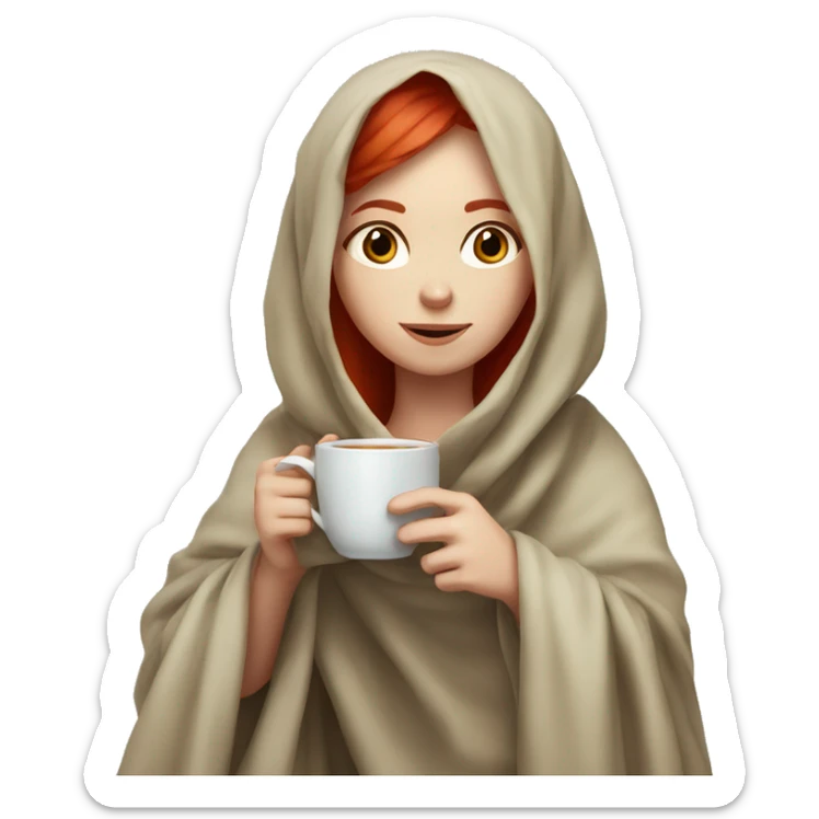pale girl with red hair wrapped in a blanket and drinking tea sticker