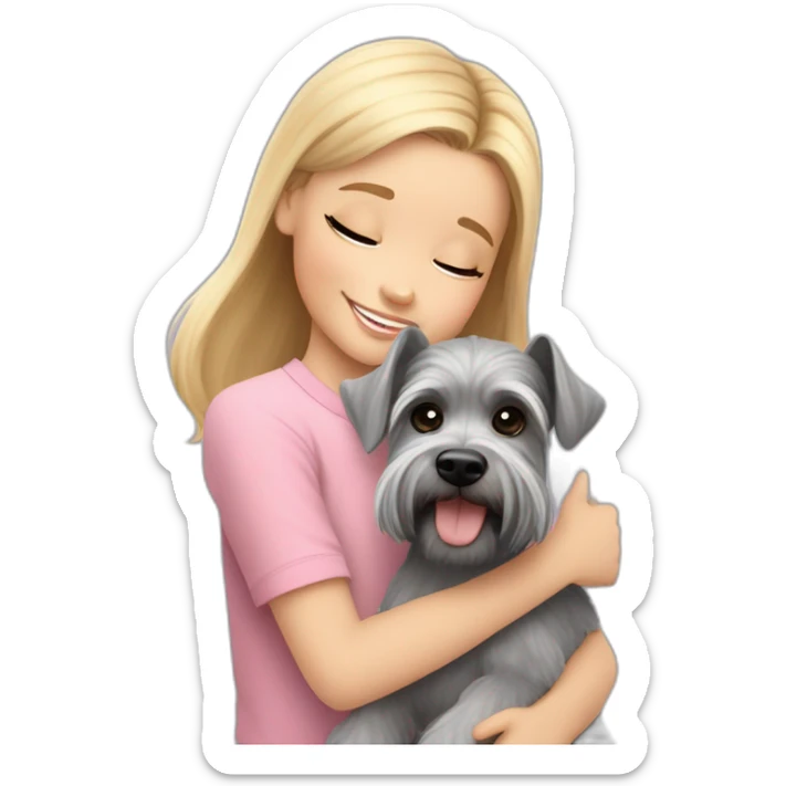 A seven-year-old girl with blonde hair in a light pink T-shirt and rainbow leggings hugs a gray miniature Schnauzer dog sticker